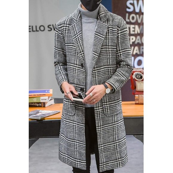 Mens Gray Winter Notched Collar Single Breasted Plaid Mid Long Trench Coat - Picture 6 of 8